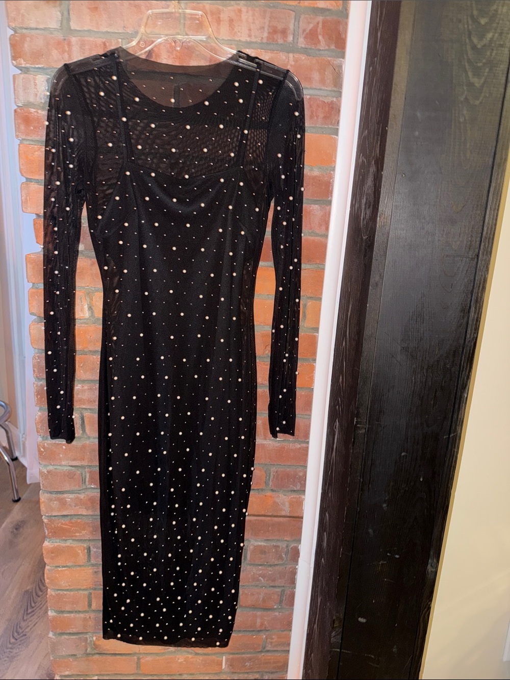 Black Long Sleeve Mesh Beaded Pearl Midi Dress